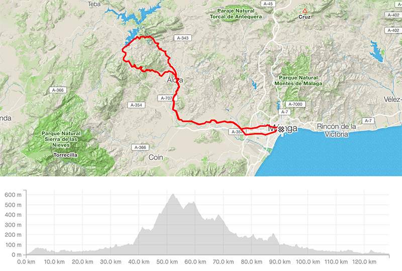 Roadbike tours met gids vanaf Malaga to El Chorro – fietsroutekaart