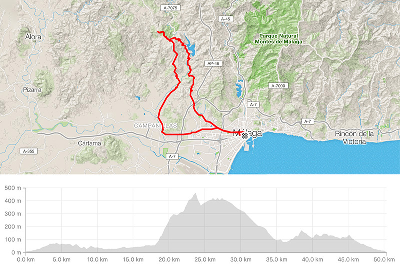Cycling map for road bike routes Malaga – Malaga-Campanillas-Almogia-Puerto de la Torre