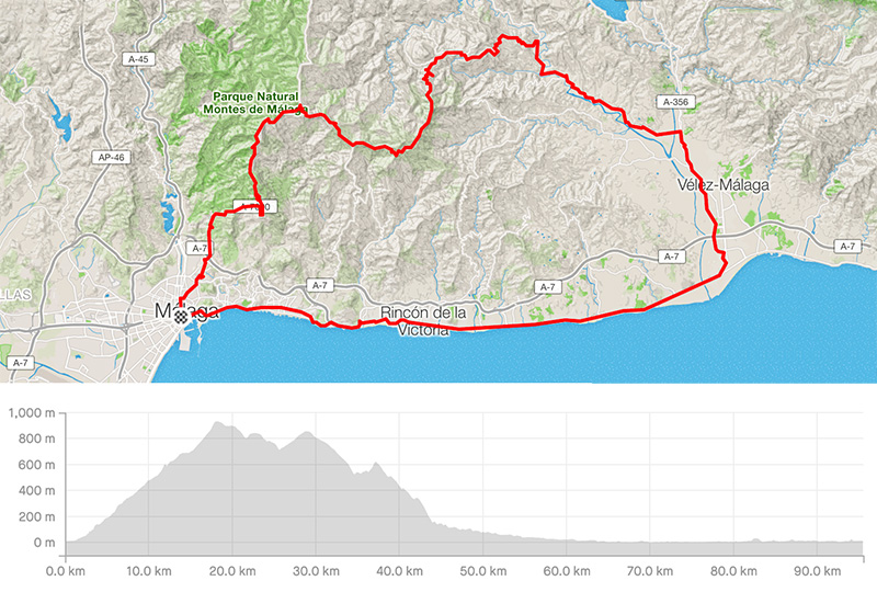 Cycling map for road bike routes Malaga – Malaga-Santopitar-Torre del Mar