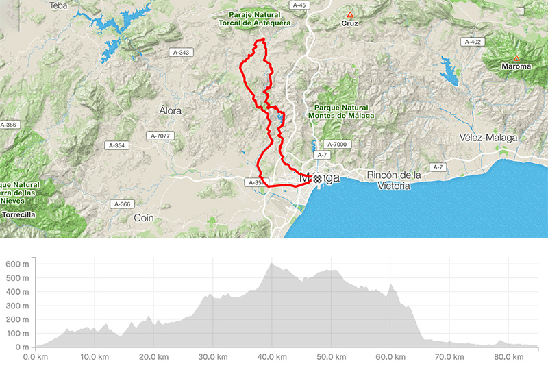 Mapa del tour  guiado en bici de carretera en Malaga