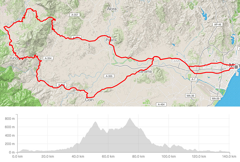 Cycling map for road bike routes Malaga – Pizarra-El Burgo-Coin