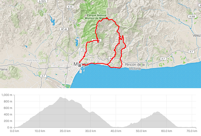 Cycling map for road bike routes Malaga – Personal Uphill Challenge