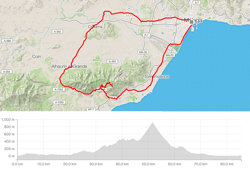 Cycling map for road bike routes Malaga – Mijas Broadcast Station