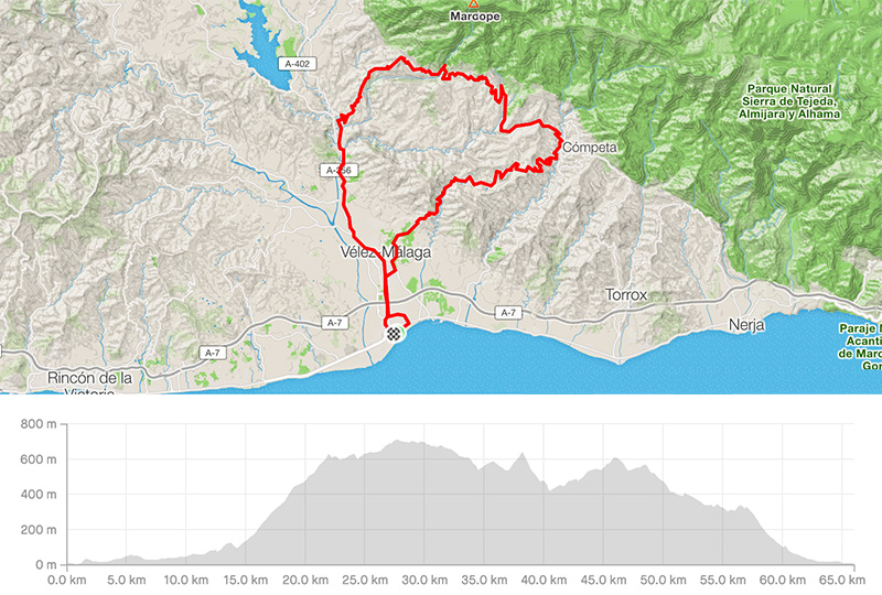 Cycling map for road bike routes Malaga Costa del Sol - Torre del Mar - Canillas de Aceituno